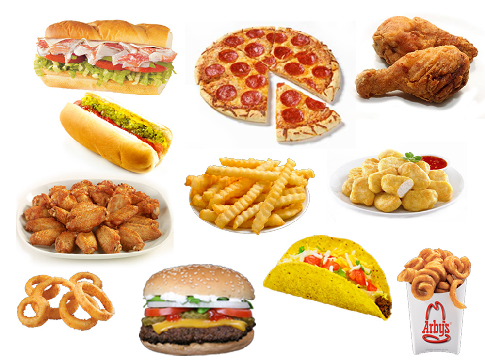 The Online Photo Dictionary: Fast food, sub, submarine sandwich, pizza, fried chicken, hot dog, chicken wings, onion rings, french fries, chicken nuggets, hamburger, taco, curly fries